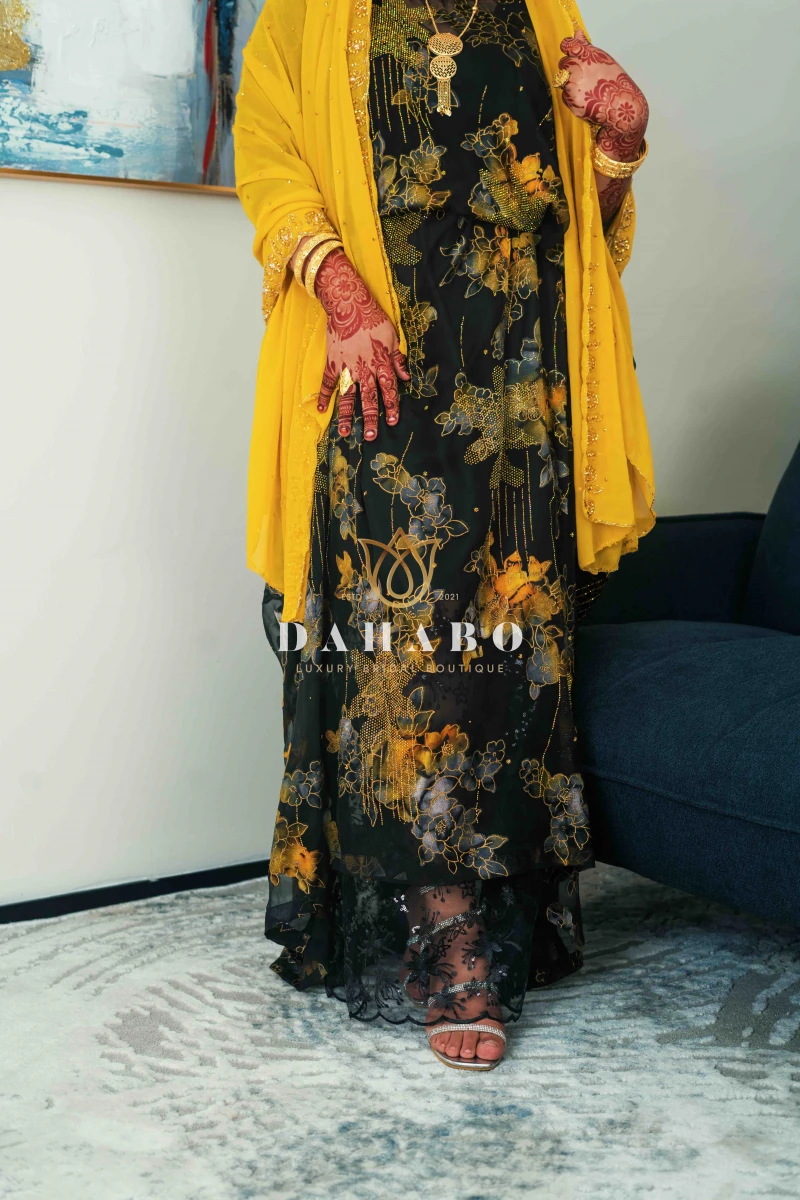 Haboon Black & Mustard Harir Set