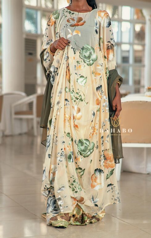Salwa silk dirac set ( cream - Army green)